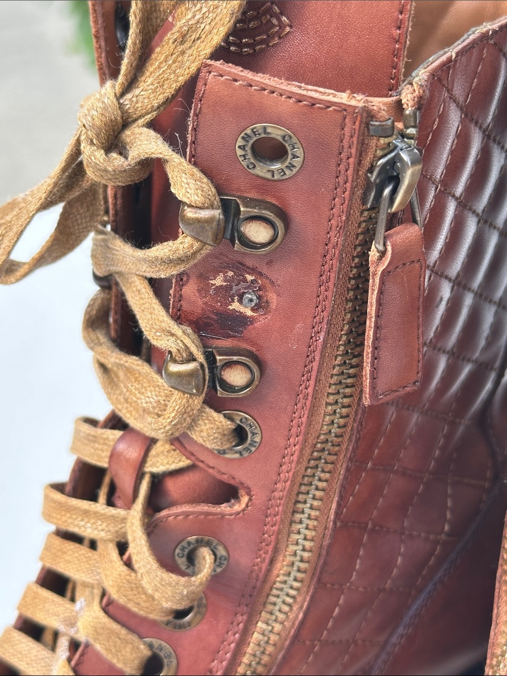 CHANEL Brown Quilted Leather Lace-Up Boots (DAMAGED) - Picture 2 of 5